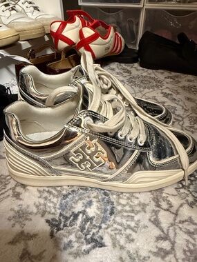 Tory Burch Metallic Silver Lace-Up Sneaker